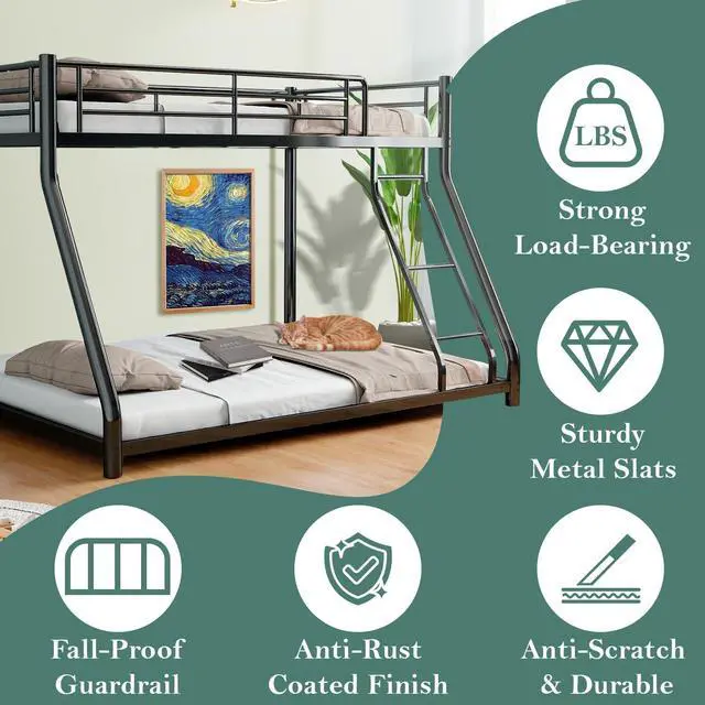 Alt view image 5 of 6 - Mersco Bunk Bed Twin Over Full Size, Twin Over Full Bunk Beds with Ladder & Guardrail Heavy Duty Bunk Beds Frame for Teens Adults Dorm Bedroom Guest Room, No Box Spring Needed, Black