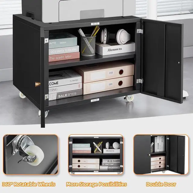 Alt view image 7 of 7 - Mersco Printer Stand with Storage - Organize in Style Metal Printer Cabinet,Large Storage Space Printer Table for Small Spaces with Door - Adjustable Shelf File Cabinet for Home Office,Black