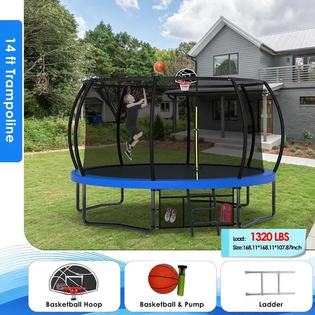 Main image of Mersco 14FT Kid Trampoline Outdoor With Basketbal & Hoop, Airpump, Pumpkin Rebounder Trampoline For Kids And Adults With Safety Enclosure Net & Ladder,Ideal Kids Gifts For New Year And Birthday Green