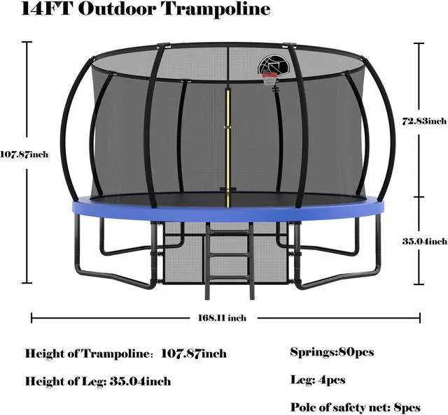 Alt view image 2 of 7 - Mersco 14FT Kid Trampoline Outdoor With Basketbal & Hoop, Airpump, Pumpkin Rebounder Trampoline For Kids And Adults With Safety Enclosure Net & Ladder,Ideal Kids Gifts For New Year And Birthday Green
