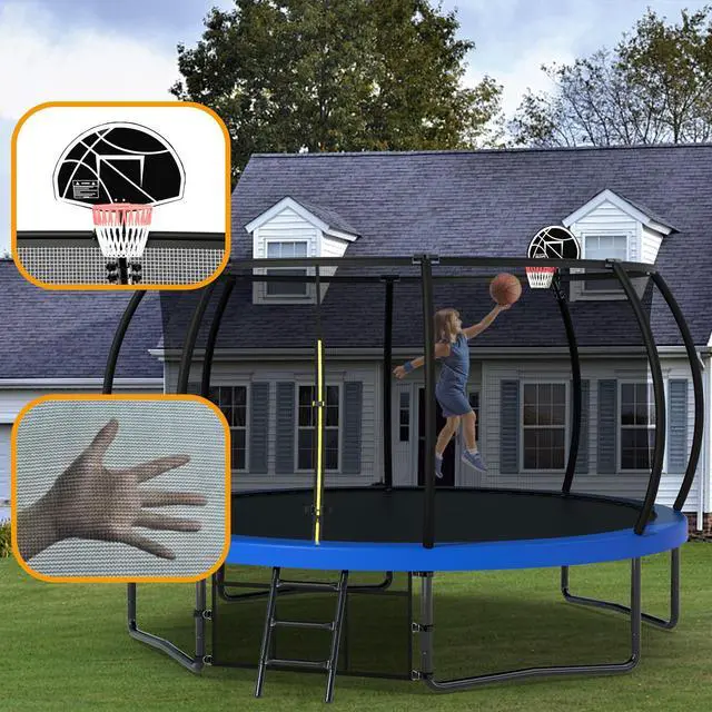 Alt view image 3 of 7 - Mersco 14FT Kid Trampoline Outdoor With Basketbal & Hoop, Airpump, Pumpkin Rebounder Trampoline For Kids And Adults With Safety Enclosure Net & Ladder,Ideal Kids Gifts For New Year And Birthday Green