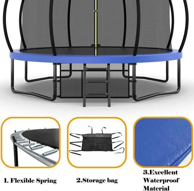 Alt view image 7 of 7 - Mersco 14FT Kid Trampoline Outdoor With Basketbal & Hoop, Airpump, Pumpkin Rebounder Trampoline For Kids And Adults With Safety Enclosure Net & Ladder,Ideal Kids Gifts For New Year And Birthday Green