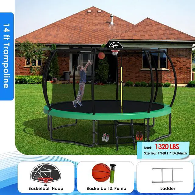 Main image of Mersco 14FT Kid Trampoline Outdoor With Basketbal & Hoop, Airpump, Pumpkin Rebounder Trampoline For Kids And Adults With Safety Enclosure Net & Ladder, Gifts For New Year And Birthday Green Green