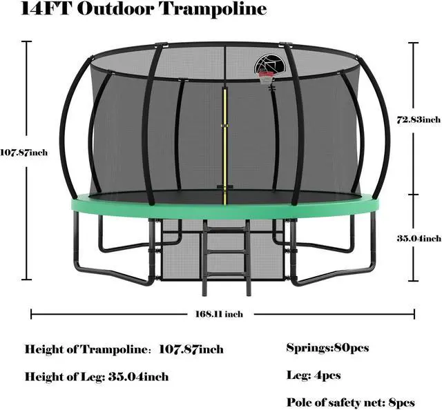 Alt view image 2 of 7 - Mersco 14FT Kid Trampoline Outdoor With Basketbal & Hoop, Airpump, Pumpkin Rebounder Trampoline For Kids And Adults With Safety Enclosure Net & Ladder, Gifts For New Year And Birthday Green Green
