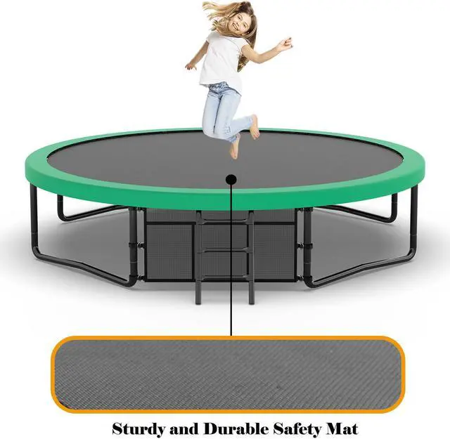 Alt view image 5 of 7 - Mersco 14FT Kid Trampoline Outdoor With Basketbal & Hoop, Airpump, Pumpkin Rebounder Trampoline For Kids And Adults With Safety Enclosure Net & Ladder, Gifts For New Year And Birthday Green Green