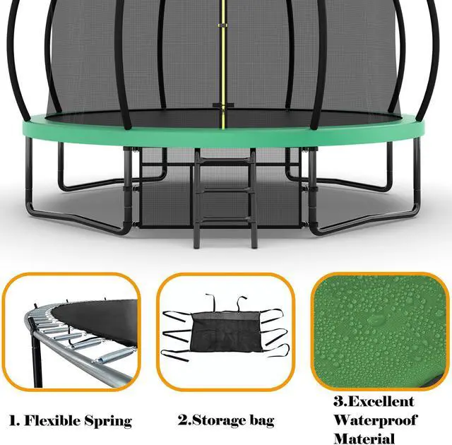 Alt view image 6 of 7 - Mersco 14FT Kid Trampoline Outdoor With Basketbal & Hoop, Airpump, Pumpkin Rebounder Trampoline For Kids And Adults With Safety Enclosure Net & Ladder, Gifts For New Year And Birthday Green Green