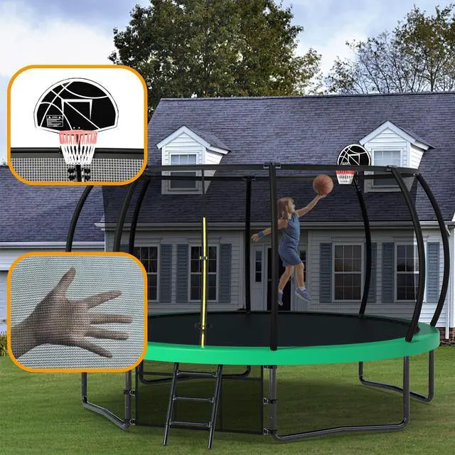 Alt view image 4 of 7 - Mersco 14FT Kid Trampoline Outdoor With Basketbal & Hoop, Airpump, Pumpkin Rebounder Trampoline For Kids And Adults With Safety Enclosure Net & Ladder, Gifts For New Year And Birthday Green Green