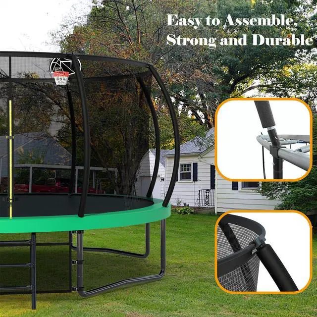 Alt view image 3 of 7 - Mersco 14FT Kid Trampoline Outdoor With Basketbal & Hoop, Airpump, Pumpkin Rebounder Trampoline For Kids And Adults With Safety Enclosure Net & Ladder, Gifts For New Year And Birthday Green Green