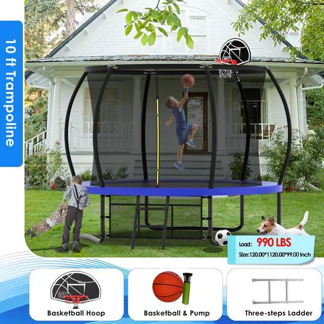 Main image of Mersco 10FT Kid Trampoline Outdoor With Basketbal & Hoop, Airpump, Pumpkin Rebounder Trampoline For Kids And Adults With Safety Enclosure Net & Ladder,Ideal Kids Gifts For New Year And Birthday