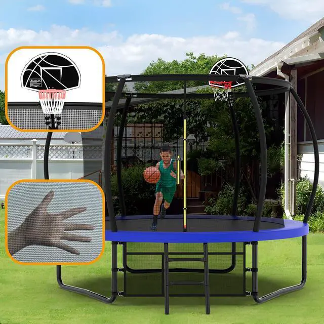 Alt view image 2 of 7 - Mersco 10FT Kid Trampoline Outdoor With Basketbal & Hoop, Airpump, Pumpkin Rebounder Trampoline For Kids And Adults With Safety Enclosure Net & Ladder,Ideal Kids Gifts For New Year And Birthday