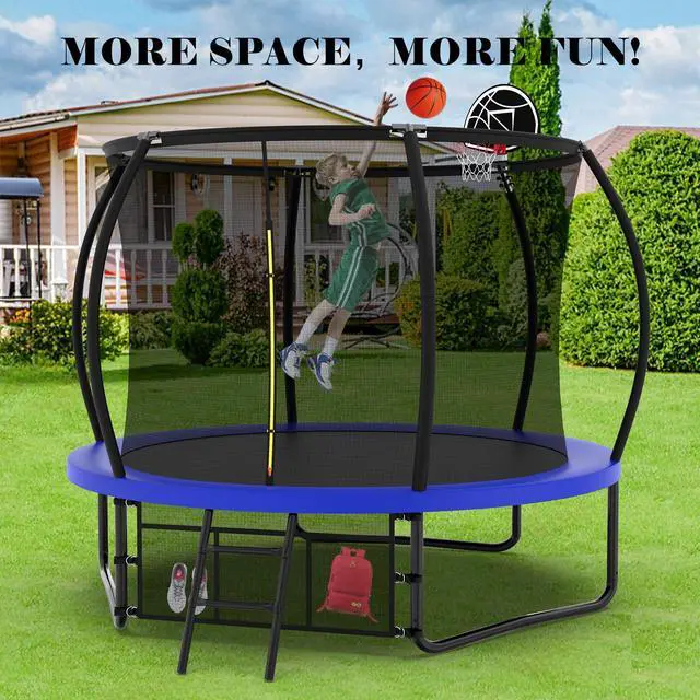 Alt view image 3 of 7 - Mersco 10FT Kid Trampoline Outdoor With Basketbal & Hoop, Airpump, Pumpkin Rebounder Trampoline For Kids And Adults With Safety Enclosure Net & Ladder,Ideal Kids Gifts For New Year And Birthday