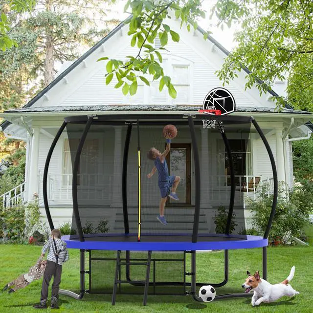 Alt view image 5 of 7 - Mersco 10FT Kid Trampoline Outdoor With Basketbal & Hoop, Airpump, Pumpkin Rebounder Trampoline For Kids And Adults With Safety Enclosure Net & Ladder,Ideal Kids Gifts For New Year And Birthday