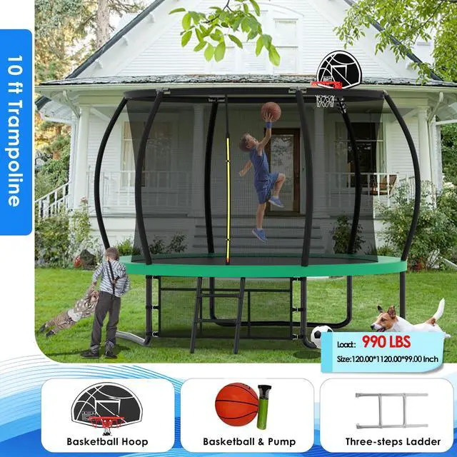 Main image of Mersco 10FT Kid Trampoline Outdoor With Basketbal & Hoop, Airpump, Pumpkin Rebounder Trampoline For Kids And Adults With Safety Enclosure Net & Ladder,Ideal Kids Gifts For New Year And Birthday Green