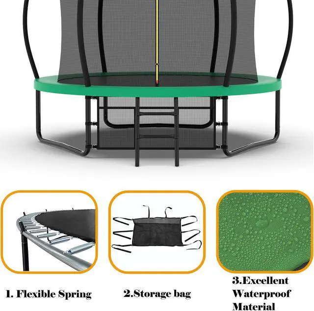 Alt view image 4 of 7 - Mersco 10FT Kid Trampoline Outdoor With Basketbal & Hoop, Airpump, Pumpkin Rebounder Trampoline For Kids And Adults With Safety Enclosure Net & Ladder,Ideal Kids Gifts For New Year And Birthday Green