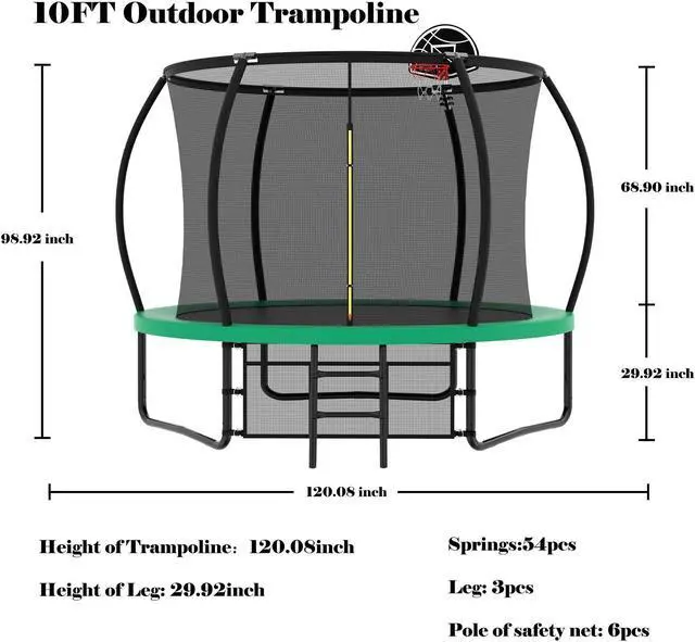 Alt view image 6 of 7 - Mersco 10FT Kid Trampoline Outdoor With Basketbal & Hoop, Airpump, Pumpkin Rebounder Trampoline For Kids And Adults With Safety Enclosure Net & Ladder,Ideal Kids Gifts For New Year And Birthday Green