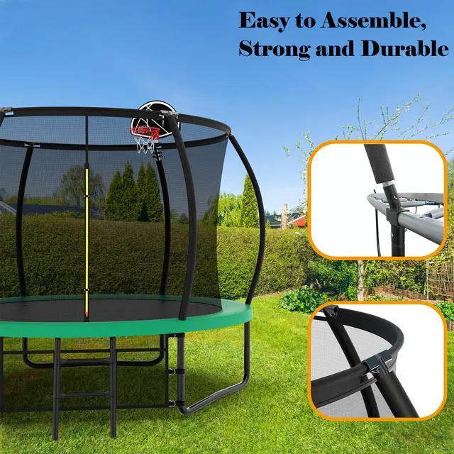 Alt view image 3 of 7 - Mersco 10FT Kid Trampoline Outdoor With Basketbal & Hoop, Airpump, Pumpkin Rebounder Trampoline For Kids And Adults With Safety Enclosure Net & Ladder,Ideal Kids Gifts For New Year And Birthday Green
