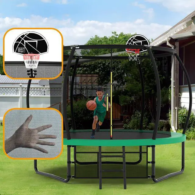 Alt view image 7 of 7 - Mersco 10FT Kid Trampoline Outdoor With Basketbal & Hoop, Airpump, Pumpkin Rebounder Trampoline For Kids And Adults With Safety Enclosure Net & Ladder,Ideal Kids Gifts For New Year And Birthday Green