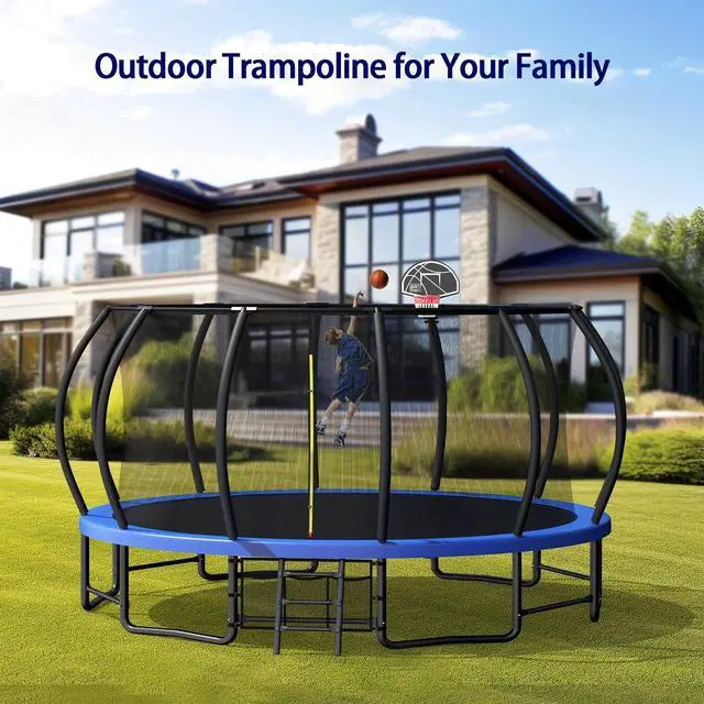 Alt view image 2 of 7 - Mersco 15FT Kid Trampoline Outdoor With Basketbal & Hoop, Airpump, Pumpkin Rebounder Trampoline For Kids And Adults With Safety Enclosure Net & Ladder,Ideal Kids Gifts For New Year And Birthday