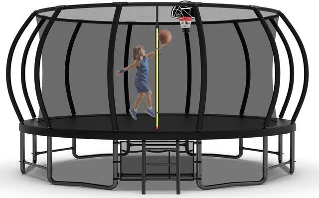 Alt view image 4 of 7 - Mersco 16FT Kid Trampoline Outdoor With Basketbal & Hoop, Airpump, Pumpkin Rebounder Trampoline For Kids And Adults With Safety Enclosure Net & Ladder,Ideal Kids Gifts For New Year And Birthday Black