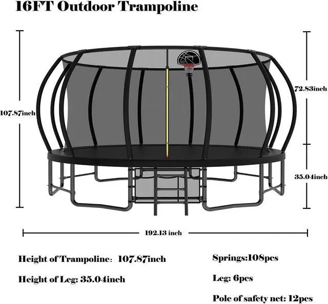 Alt view image 5 of 7 - Mersco 16FT Kid Trampoline Outdoor With Basketbal & Hoop, Airpump, Pumpkin Rebounder Trampoline For Kids And Adults With Safety Enclosure Net & Ladder,Ideal Kids Gifts For New Year And Birthday Black