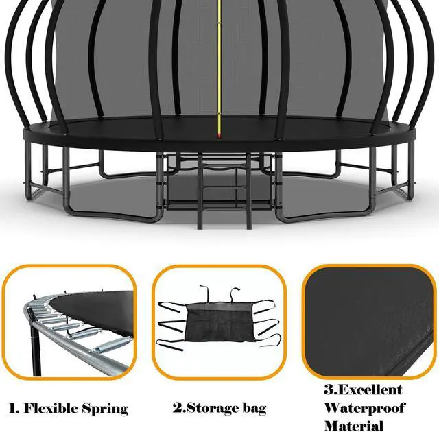 Alt view image 7 of 7 - Mersco 16FT Kid Trampoline Outdoor With Basketbal & Hoop, Airpump, Pumpkin Rebounder Trampoline For Kids And Adults With Safety Enclosure Net & Ladder,Ideal Kids Gifts For New Year And Birthday Black