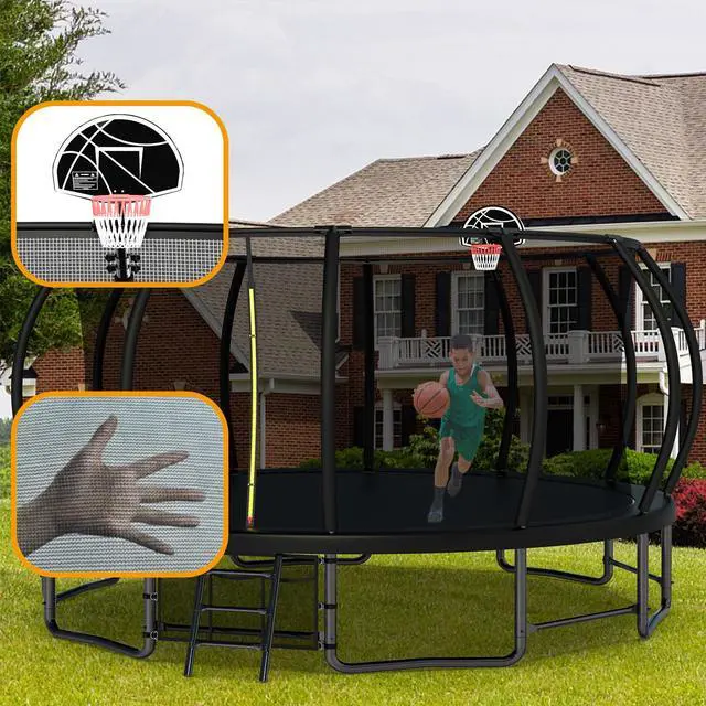 Alt view image 6 of 7 - Mersco 16FT Kid Trampoline Outdoor With Basketbal & Hoop, Airpump, Pumpkin Rebounder Trampoline For Kids And Adults With Safety Enclosure Net & Ladder,Ideal Kids Gifts For New Year And Birthday Black