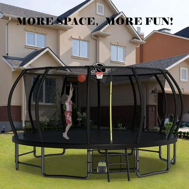 Main image of Mersco 16FT Kid Trampoline Outdoor With Basketbal & Hoop, Airpump, Pumpkin Rebounder Trampoline For Kids And Adults With Safety Enclosure Net & Ladder,Ideal Kids Gifts For New Year And Birthday Black