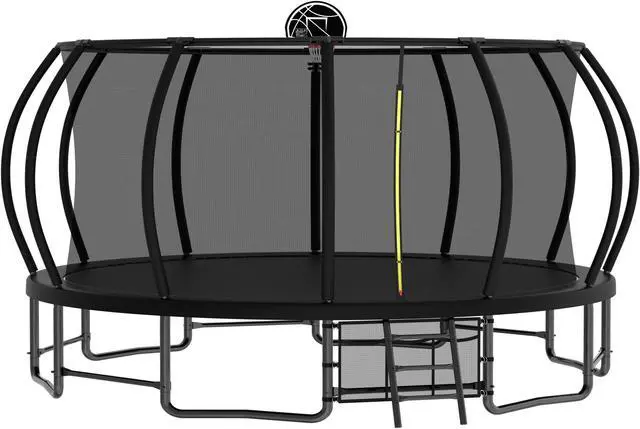 Alt view image 2 of 7 - Mersco 16FT Kid Trampoline Outdoor With Basketbal & Hoop, Airpump, Pumpkin Rebounder Trampoline For Kids And Adults With Safety Enclosure Net & Ladder,Ideal Kids Gifts For New Year And Birthday Black