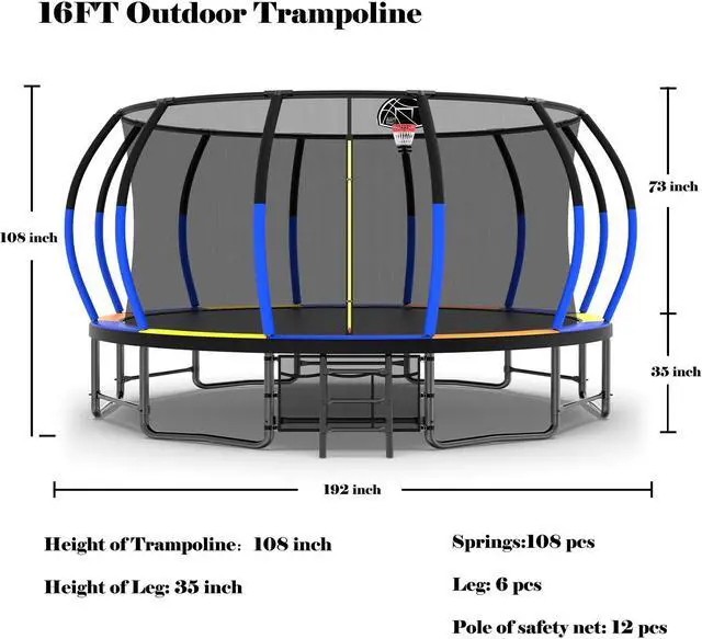Alt view image 4 of 7 - Mersco 16FT Kid Trampoline Outdoor With Basketbal & Hoop, Airpump, Pumpkin Rebounder Trampoline For Kids And Adults With Safety Enclosure Net & Ladder,Ideal Kids Gifts For New Year And Birthday  Color