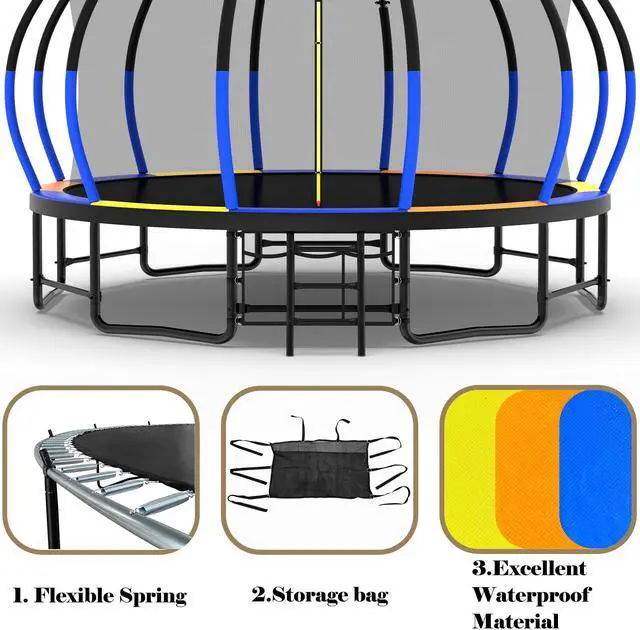 Alt view image 2 of 7 - Mersco 16FT Kid Trampoline Outdoor With Basketbal & Hoop, Airpump, Pumpkin Rebounder Trampoline For Kids And Adults With Safety Enclosure Net & Ladder,Ideal Kids Gifts For New Year And Birthday  Color