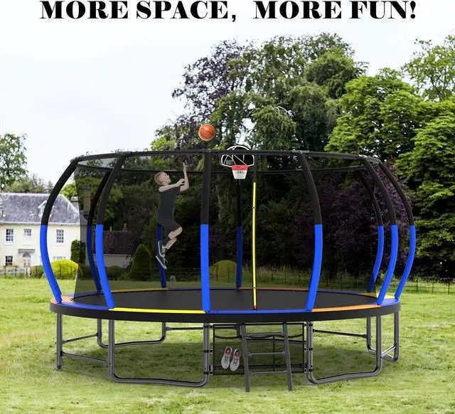 Main image of Mersco 16FT Kid Trampoline Outdoor With Basketbal & Hoop, Airpump, Pumpkin Rebounder Trampoline For Kids And Adults With Safety Enclosure Net & Ladder,Ideal Kids Gifts For New Year And Birthday  Color