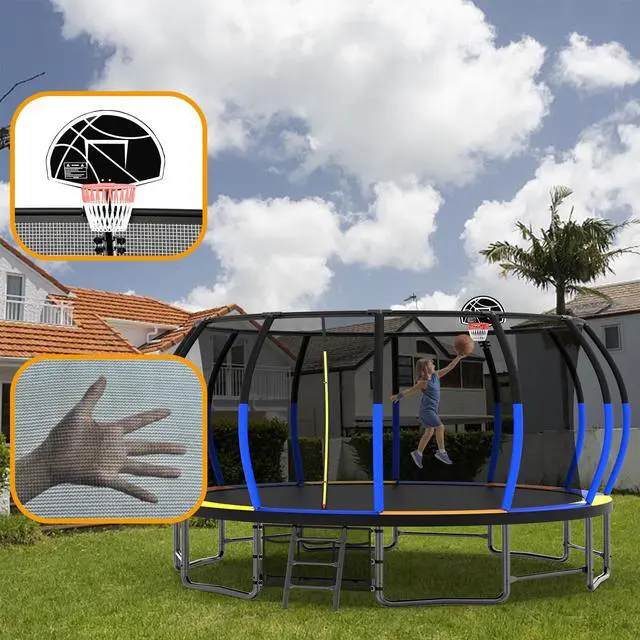 Alt view image 3 of 7 - Mersco 16FT Kid Trampoline Outdoor With Basketbal & Hoop, Airpump, Pumpkin Rebounder Trampoline For Kids And Adults With Safety Enclosure Net & Ladder,Ideal Kids Gifts For New Year And Birthday  Color