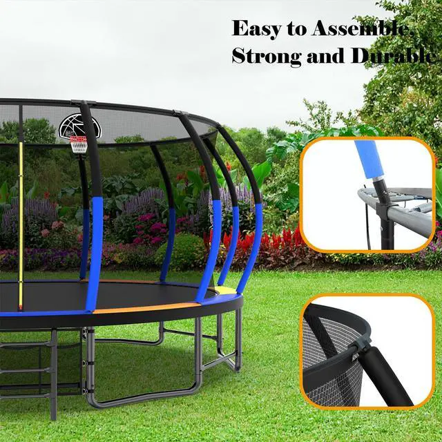 Alt view image 5 of 7 - Mersco 16FT Kid Trampoline Outdoor With Basketbal & Hoop, Airpump, Pumpkin Rebounder Trampoline For Kids And Adults With Safety Enclosure Net & Ladder,Ideal Kids Gifts For New Year And Birthday  Color