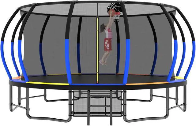 Alt view image 7 of 7 - Mersco 16FT Kid Trampoline Outdoor With Basketbal & Hoop, Airpump, Pumpkin Rebounder Trampoline For Kids And Adults With Safety Enclosure Net & Ladder,Ideal Kids Gifts For New Year And Birthday  Color