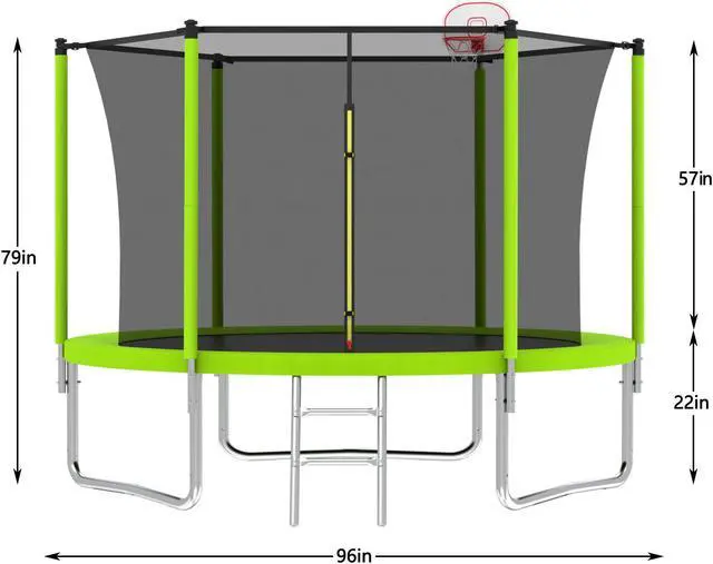 Alt view image 5 of 7 - Mersco 8FT Kid Trampoline Outdoor With Basketbal & Hoop, Airpump, Straight Pole Rebounder Trampoline For Kids And Adults With Safety Enclosure Net & Ladder, New Year And Birthday Gift Green