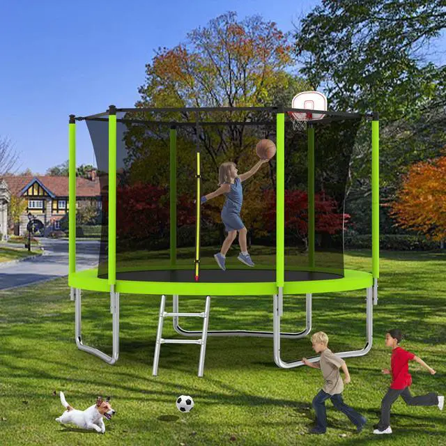 Main image of Mersco 8FT Kid Trampoline Outdoor With Basketbal & Hoop, Airpump, Straight Pole Rebounder Trampoline For Kids And Adults With Safety Enclosure Net & Ladder, New Year And Birthday Gift Green