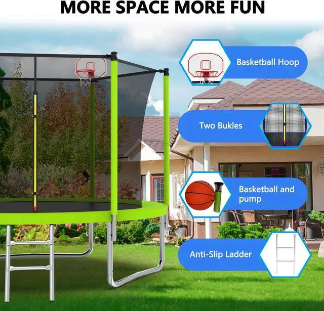 Alt view image 6 of 7 - Mersco 8FT Kid Trampoline Outdoor With Basketbal & Hoop, Airpump, Straight Pole Rebounder Trampoline For Kids And Adults With Safety Enclosure Net & Ladder, New Year And Birthday Gift Green