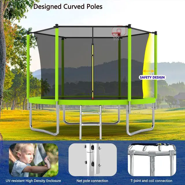Alt view image 4 of 7 - Mersco 8FT Kid Trampoline Outdoor With Basketbal & Hoop, Airpump, Straight Pole Rebounder Trampoline For Kids And Adults With Safety Enclosure Net & Ladder, New Year And Birthday Gift Green