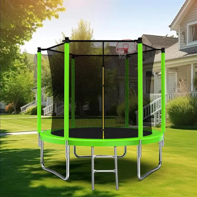 Alt view image 2 of 7 - Mersco 8FT Kid Trampoline Outdoor With Basketbal & Hoop, Airpump, Straight Pole Rebounder Trampoline For Kids And Adults With Safety Enclosure Net & Ladder, New Year And Birthday Gift Green