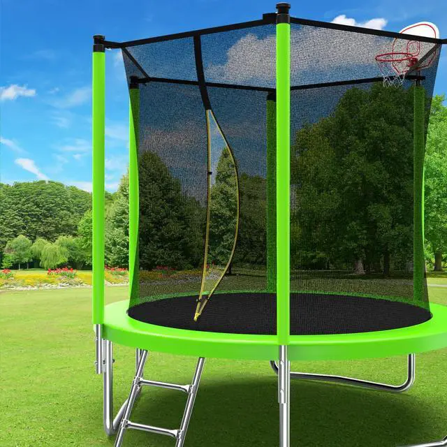 Alt view image 7 of 7 - Mersco 8FT Kid Trampoline Outdoor With Basketbal & Hoop, Airpump, Straight Pole Rebounder Trampoline For Kids And Adults With Safety Enclosure Net & Ladder, New Year And Birthday Gift Green