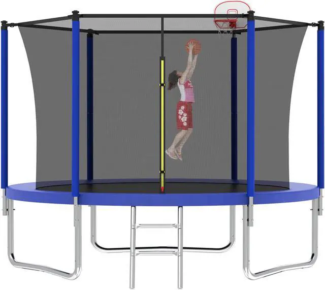 Alt view image 2 of 7 - Mersco 8FT Kid Trampoline Outdoor With Basketbal & Hoop, Airpump, Straight Pole Rebounder Trampoline For Kids And Adults With Safety Enclosure Net & Ladder, New Year And Birthday Gift Green Blue