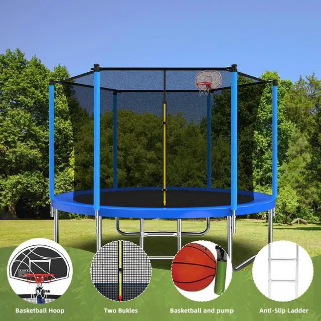Alt view image 2 of 7 - Mersco 10FT Kid Trampoline Outdoor With Basketbal & Hoop, Airpump, Straight Pole Rebounder Trampoline For Kids And Adults With Safety Enclosure Net & Ladder, New Year And Birthday Gift Green Blue