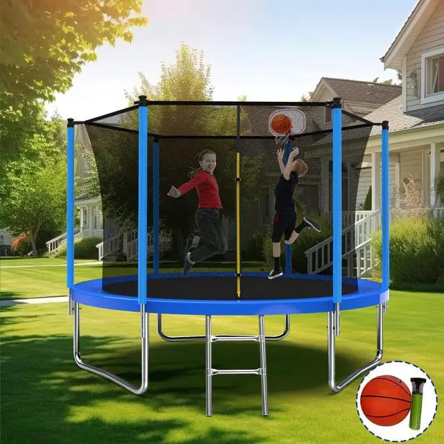 Main image of Mersco 10FT Kid Trampoline Outdoor With Basketbal & Hoop, Airpump, Straight Pole Rebounder Trampoline For Kids And Adults With Safety Enclosure Net & Ladder, New Year And Birthday Gift Green Blue