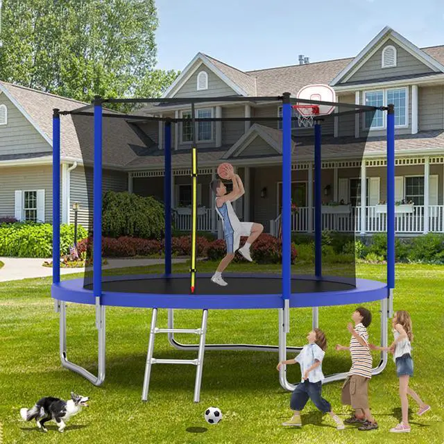 Alt view image 4 of 7 - Mersco 10FT Kid Trampoline Outdoor With Basketbal & Hoop, Airpump, Straight Pole Rebounder Trampoline For Kids And Adults With Safety Enclosure Net & Ladder, New Year And Birthday Gift Green Blue