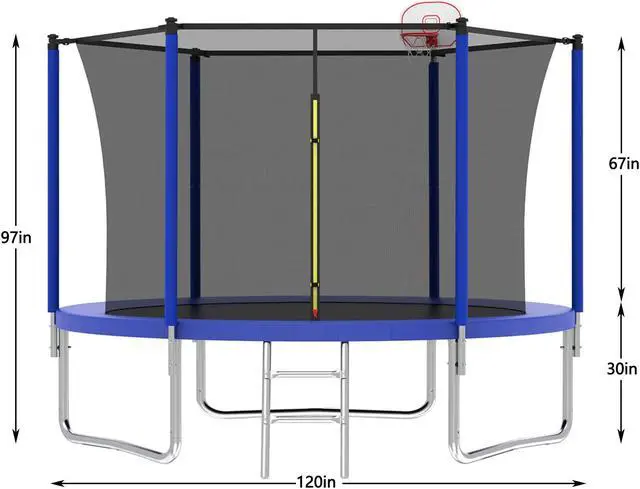 Alt view image 5 of 7 - Mersco 10FT Kid Trampoline Outdoor With Basketbal & Hoop, Airpump, Straight Pole Rebounder Trampoline For Kids And Adults With Safety Enclosure Net & Ladder, New Year And Birthday Gift Green Blue