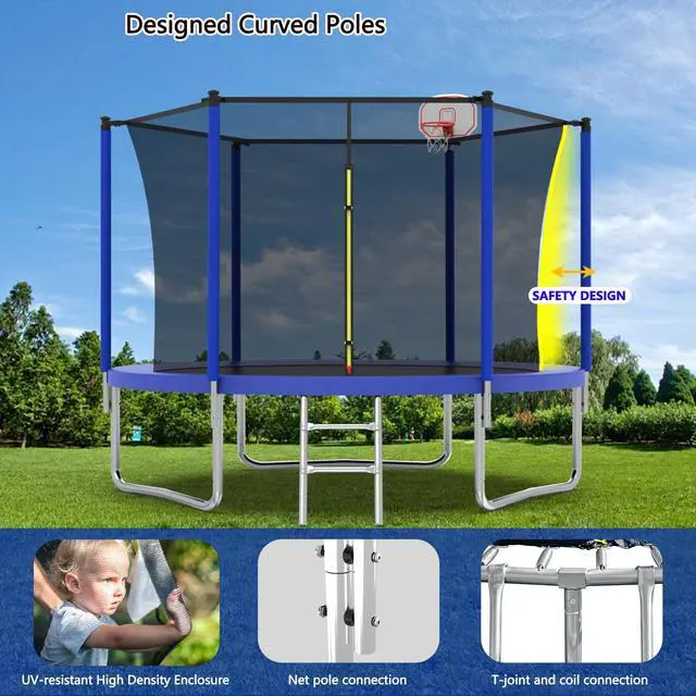 Alt view image 7 of 7 - Mersco 10FT Kid Trampoline Outdoor With Basketbal & Hoop, Airpump, Straight Pole Rebounder Trampoline For Kids And Adults With Safety Enclosure Net & Ladder, New Year And Birthday Gift Green Blue