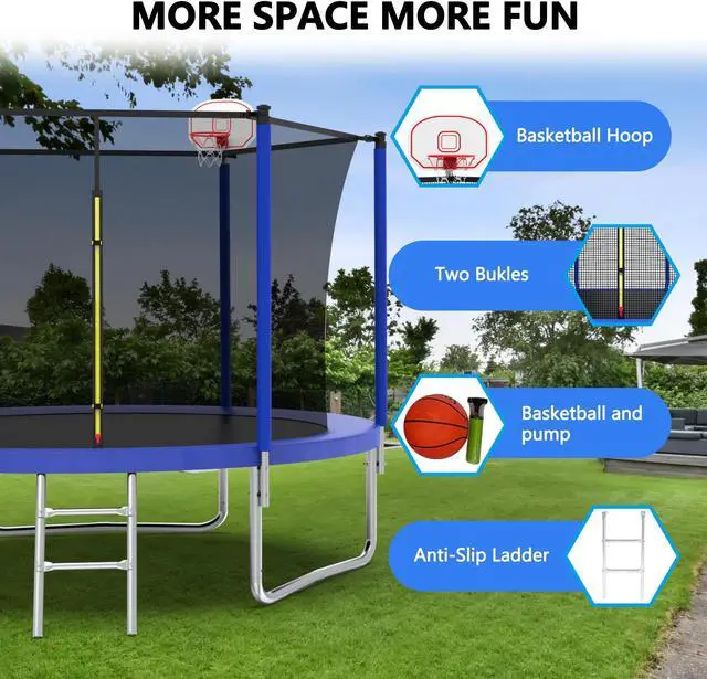 Alt view image 3 of 7 - Mersco 10FT Kid Trampoline Outdoor With Basketbal & Hoop, Airpump, Straight Pole Rebounder Trampoline For Kids And Adults With Safety Enclosure Net & Ladder, New Year And Birthday Gift Green Blue