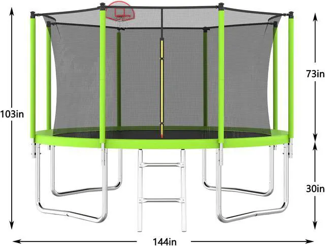 Alt view image 5 of 7 - Mersco 12FT Kid Trampoline Outdoor With Basketbal & Hoop, Airpump, Straight Pole Rebounder Trampoline For Kids And Adults With Safety Enclosure Net & Ladder, New Year And Birthday Gift Green Blue