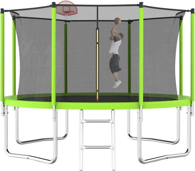 Alt view image 6 of 7 - Mersco 12FT Kid Trampoline Outdoor With Basketbal & Hoop, Airpump, Straight Pole Rebounder Trampoline For Kids And Adults With Safety Enclosure Net & Ladder, New Year And Birthday Gift Green Blue