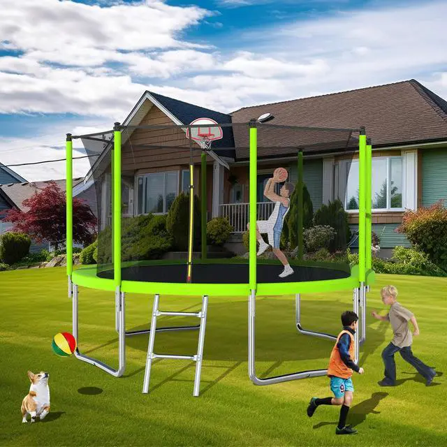 Main image of Mersco 12FT Kid Trampoline Outdoor With Basketbal & Hoop, Airpump, Straight Pole Rebounder Trampoline For Kids And Adults With Safety Enclosure Net & Ladder, New Year And Birthday Gift Green Blue